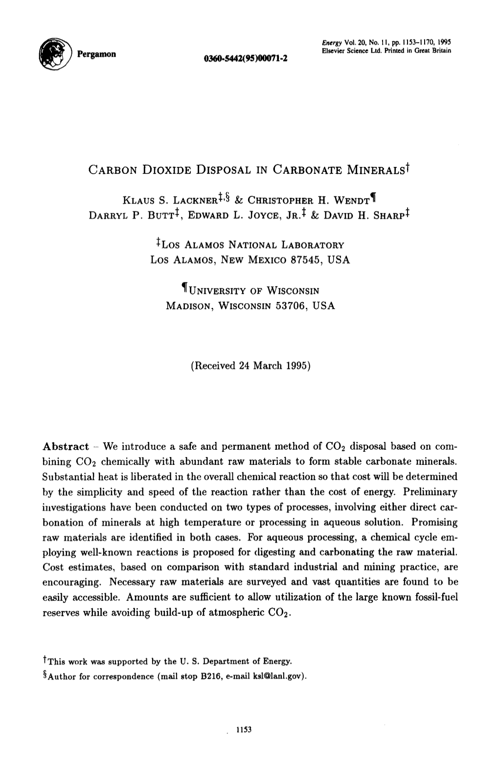 CARBON DIOXIDE DISPOSAL in CARBONATE Mineralst Abstract