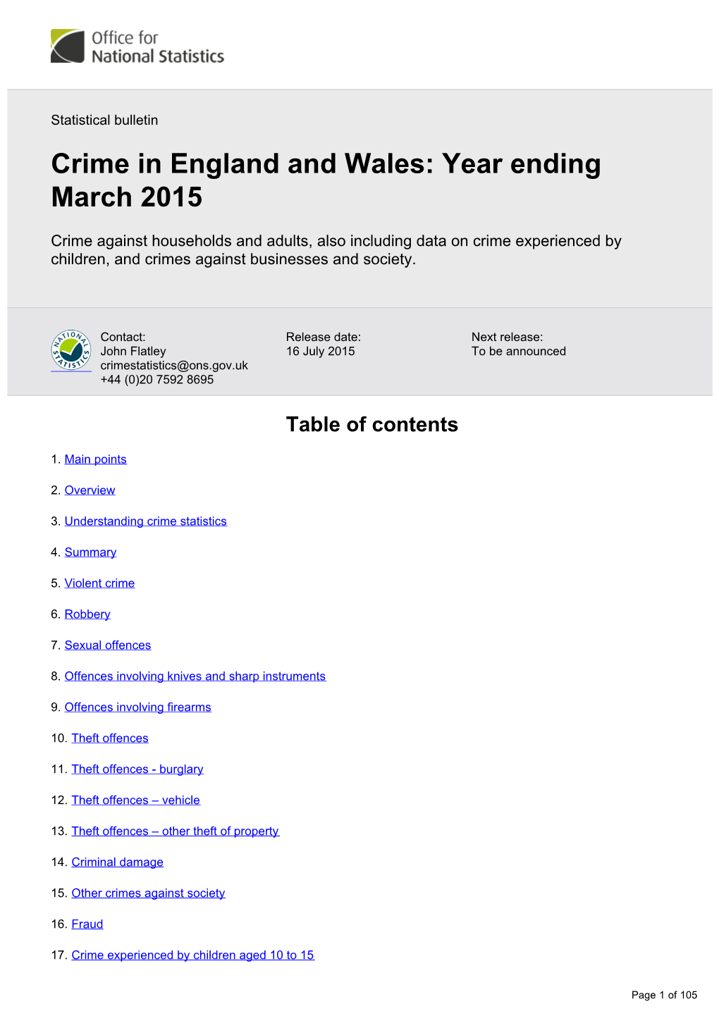 Crime in England and Wales: Year Ending March 2015