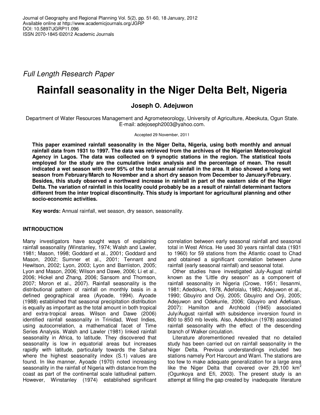 Rainfall Seasonality in the Niger Delta Belt, Nigeria