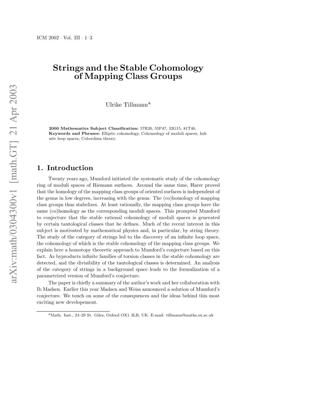Strings and the Stable Cohomology of Mapping Class Groups 449 3