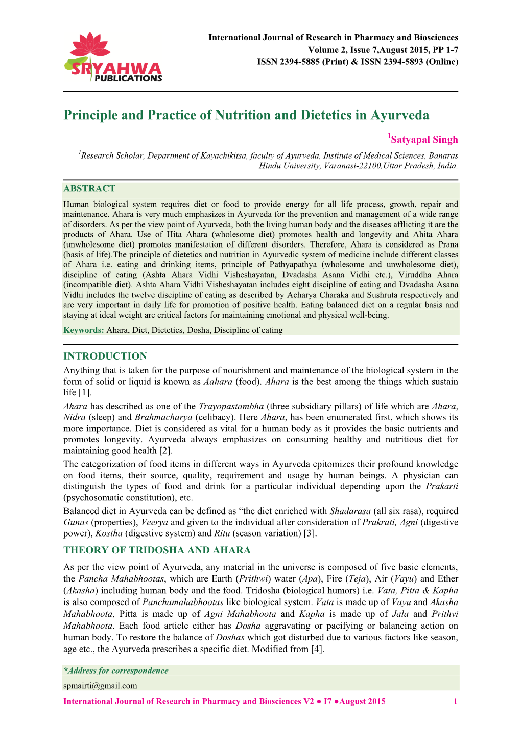 Principle and Practice of Nutrition and Dietetics in Ayurveda