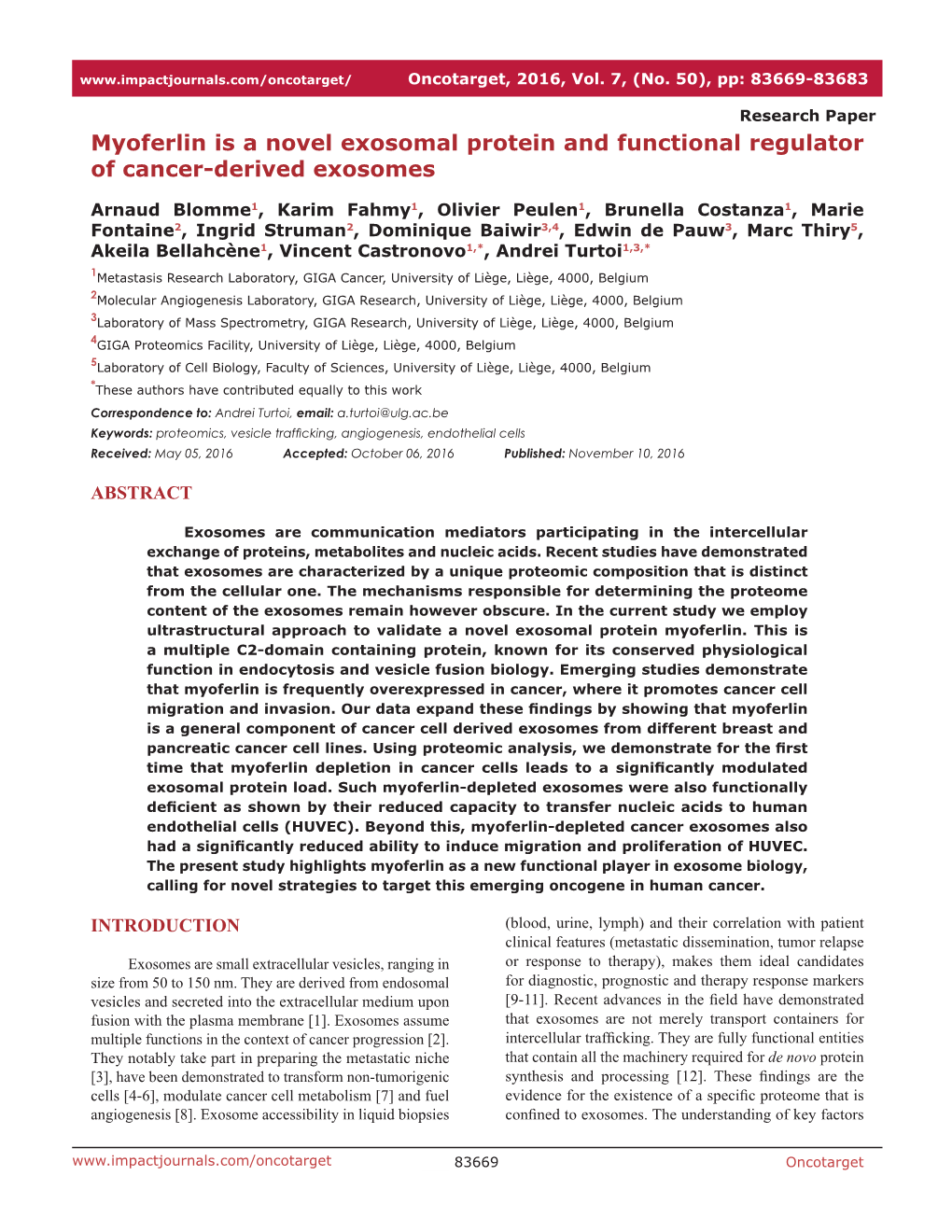 Myoferlin Is a Novel Exosomal Protein and Functional Regulator of Cancer-Derived Exosomes