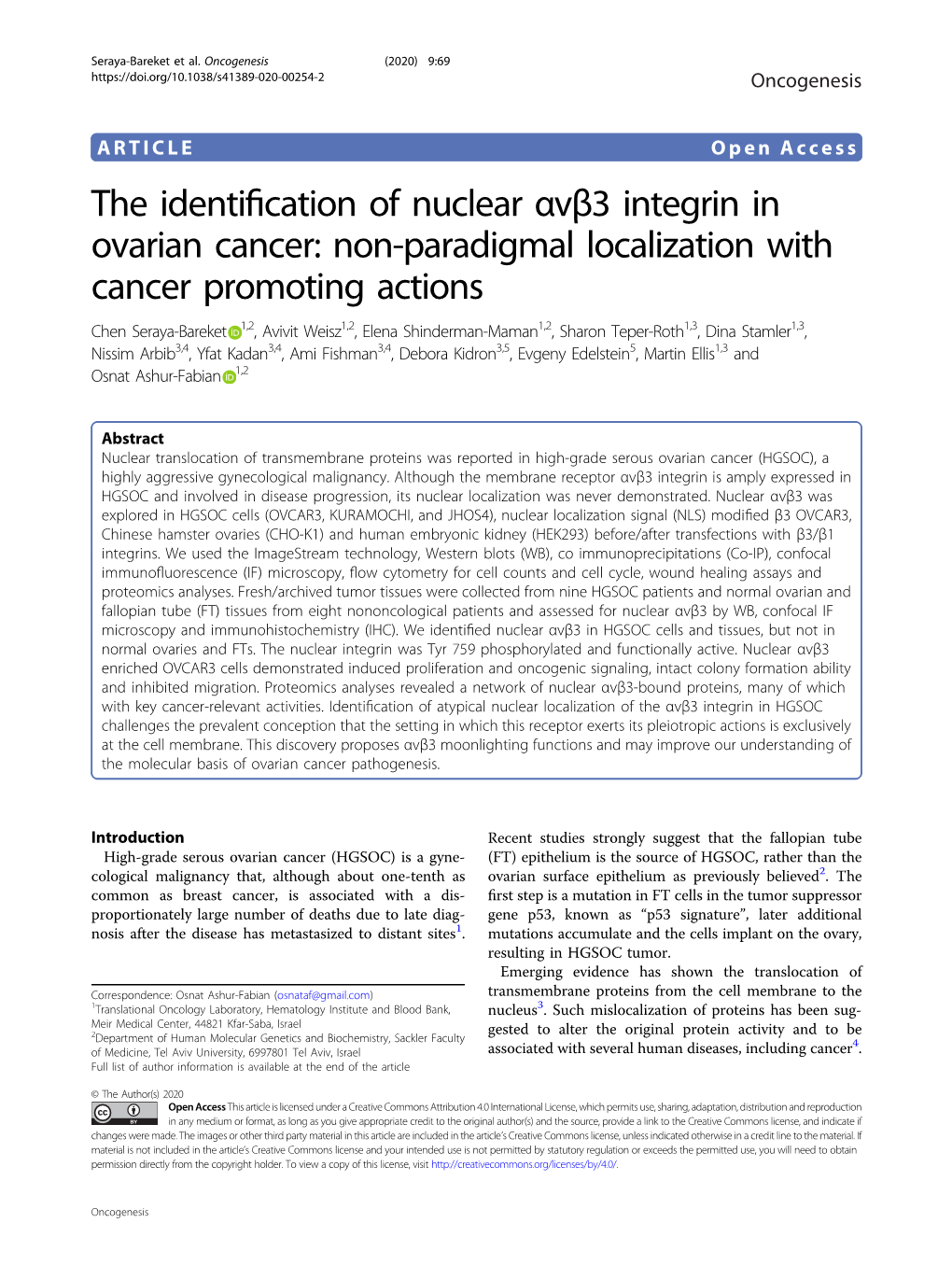 The Identification of Nuclear Αvβ3 Integrin in Ovarian Cancer