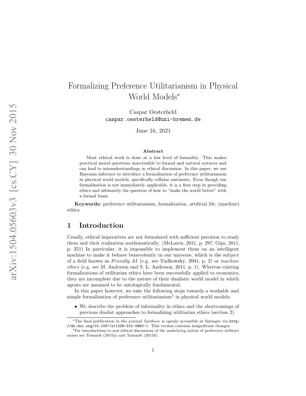 Formalizing Preference Utilitarianism in Physical World Models∗