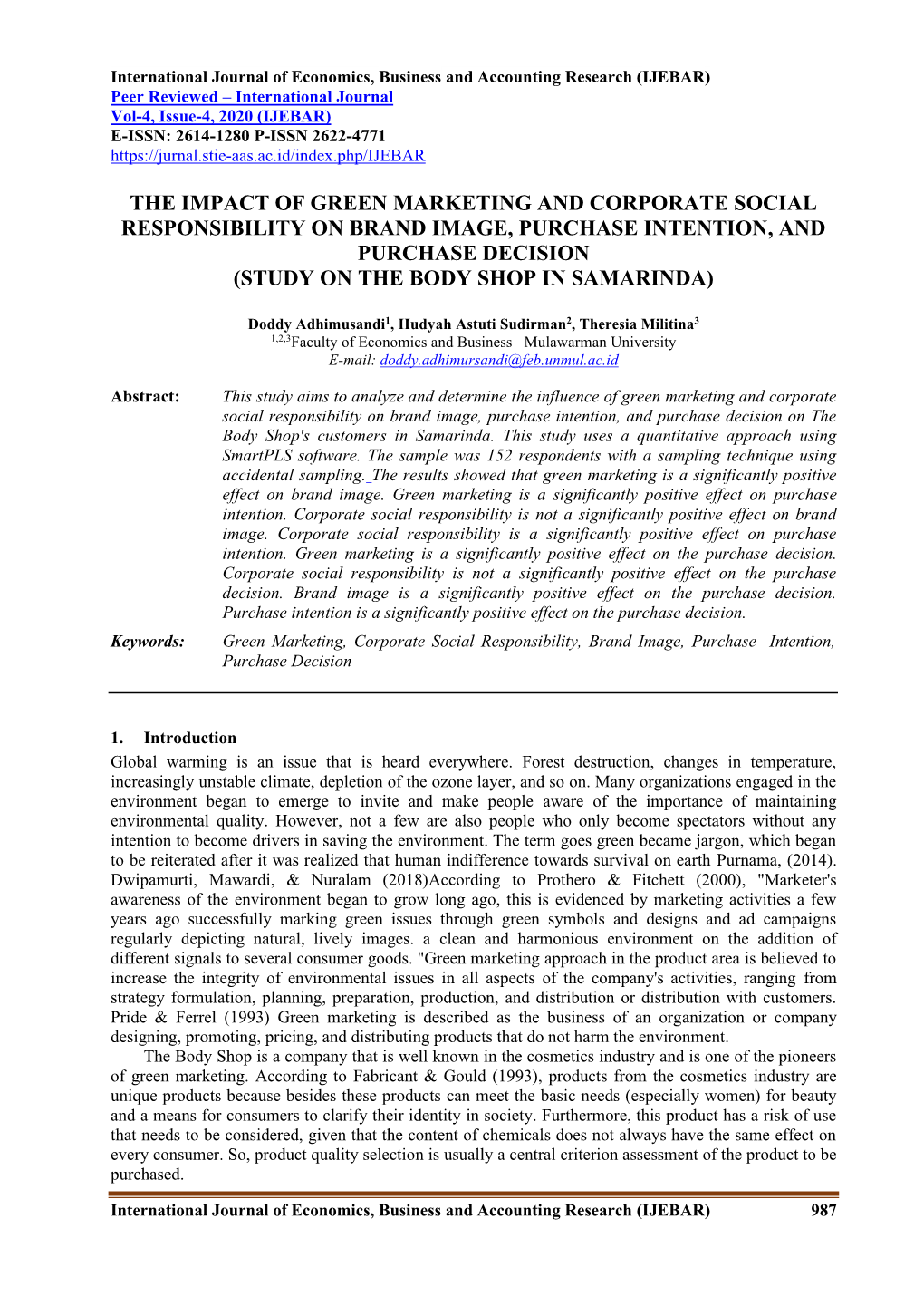 The Impact of Green Marketing and Corporate Social Responsibility on Brand Image, Purchase Intention, and Purchase Decision (Study on the Body Shop in Samarinda)