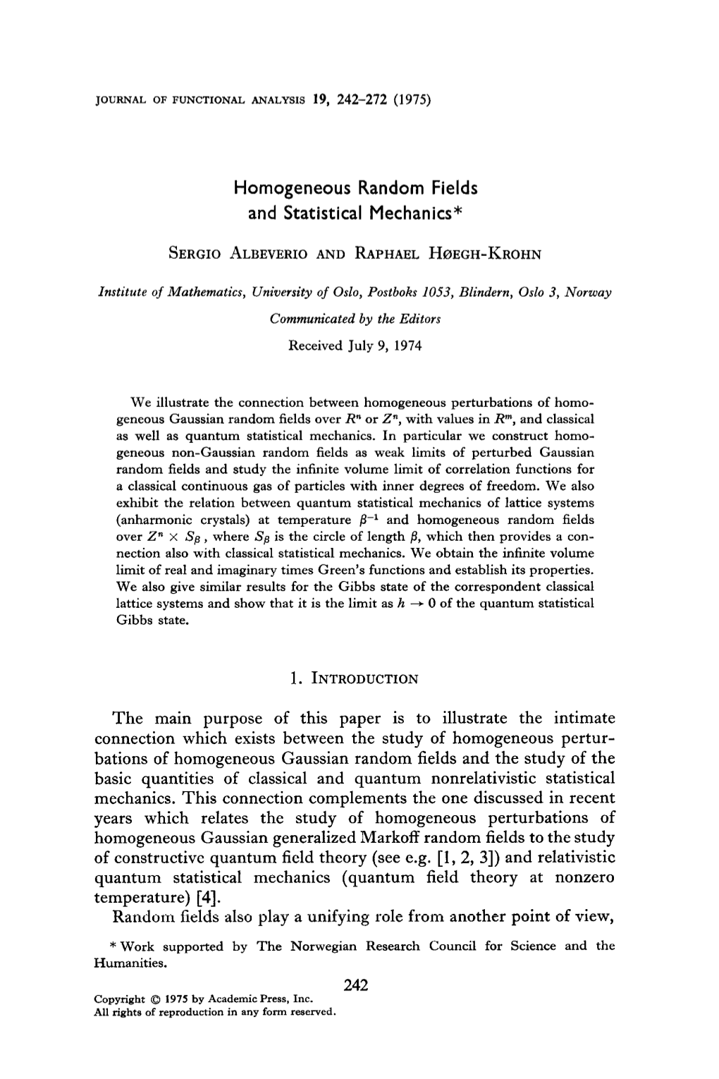 Homogeneous Random Fields and Statistical Mechanics*