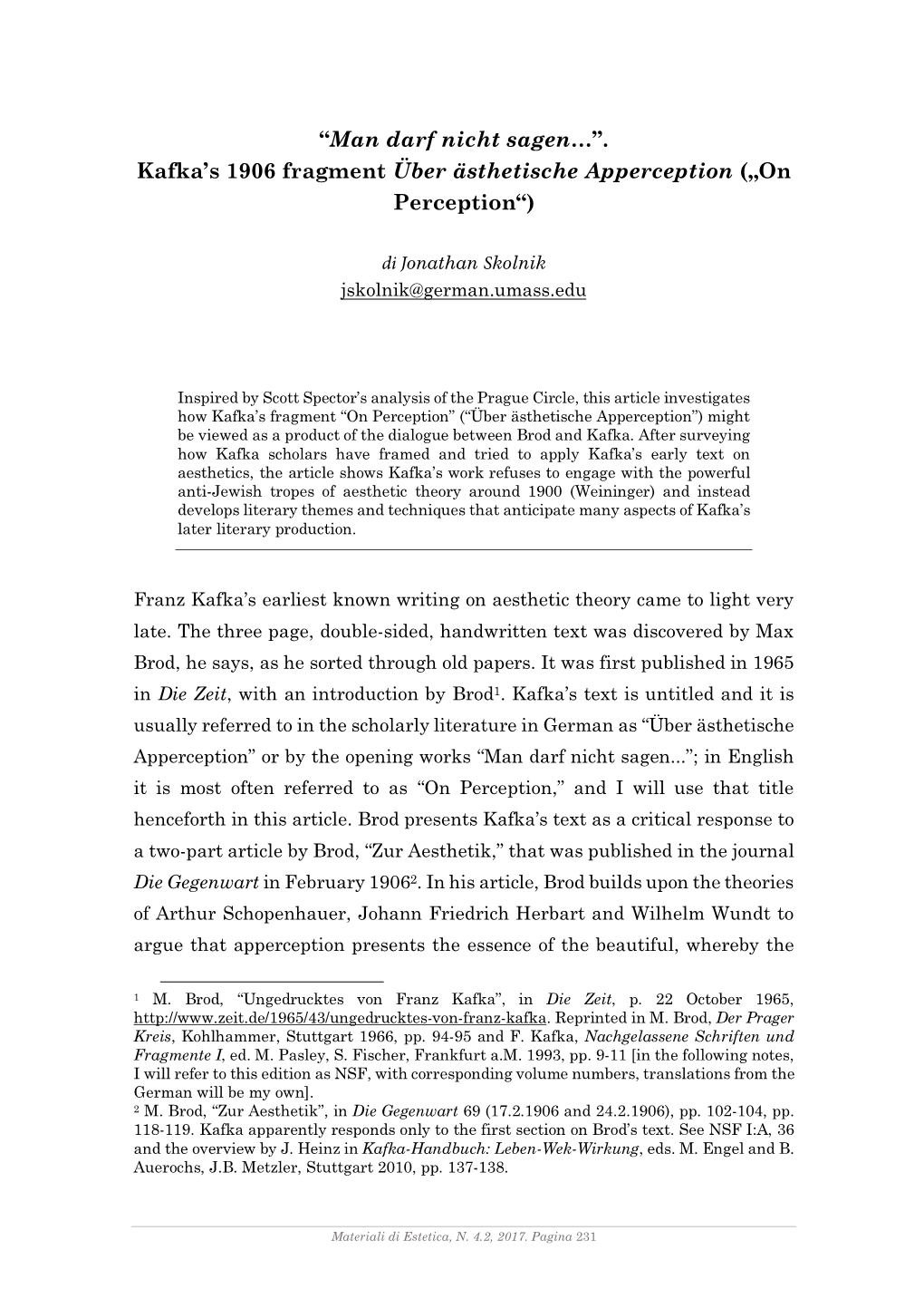 Kafka's 1906 Fragment Über Ästhetische Apperception