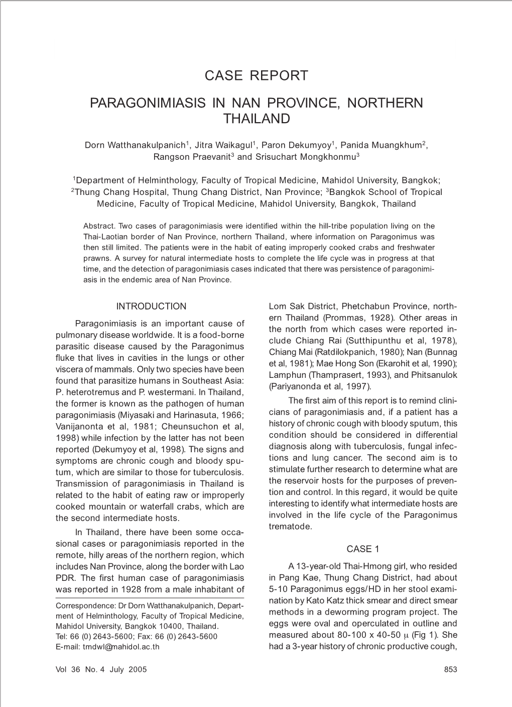 Case Report Paragonimiasis in Nan Province, Northern Thailand