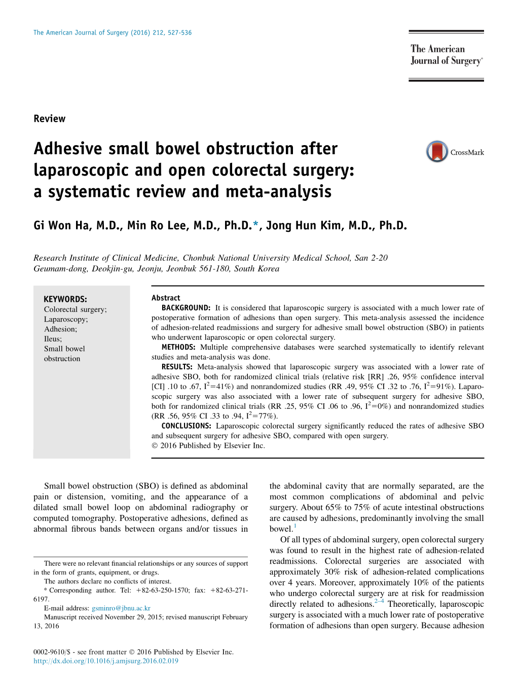 Adhesive Small Bowel Obstruction After Laparoscopic and Open Colorectal Surgery: a Systematic Review and Meta-Analysis