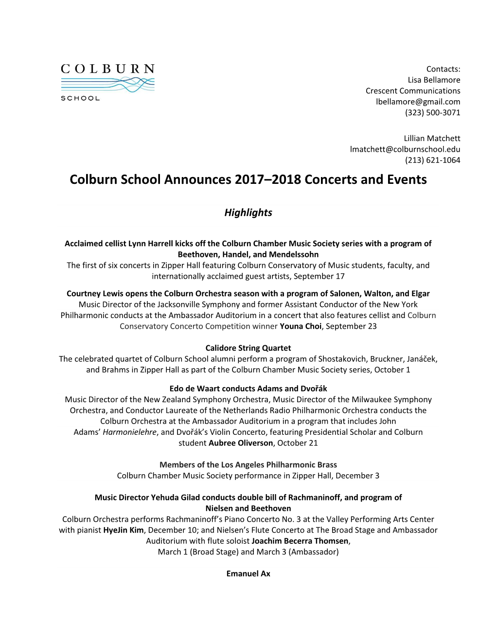 Colburn School Announces 2017–2018 Concerts and Events