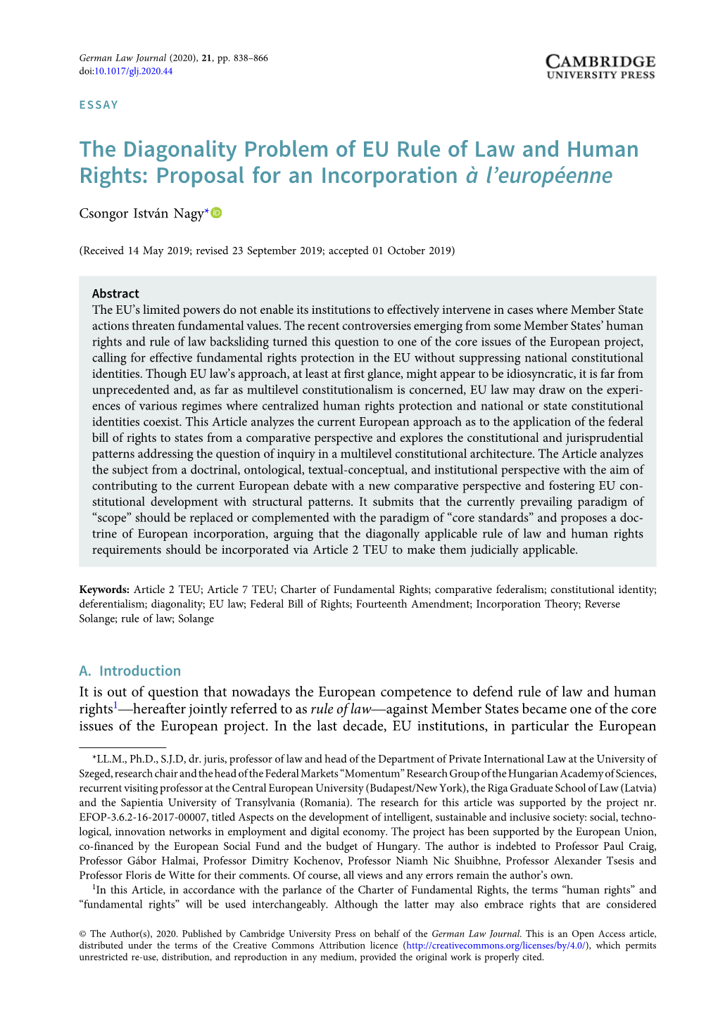 The Diagonality Problem of EU Rule of Law and Human Rights: Proposal for an Incorporation Àl’Européenne