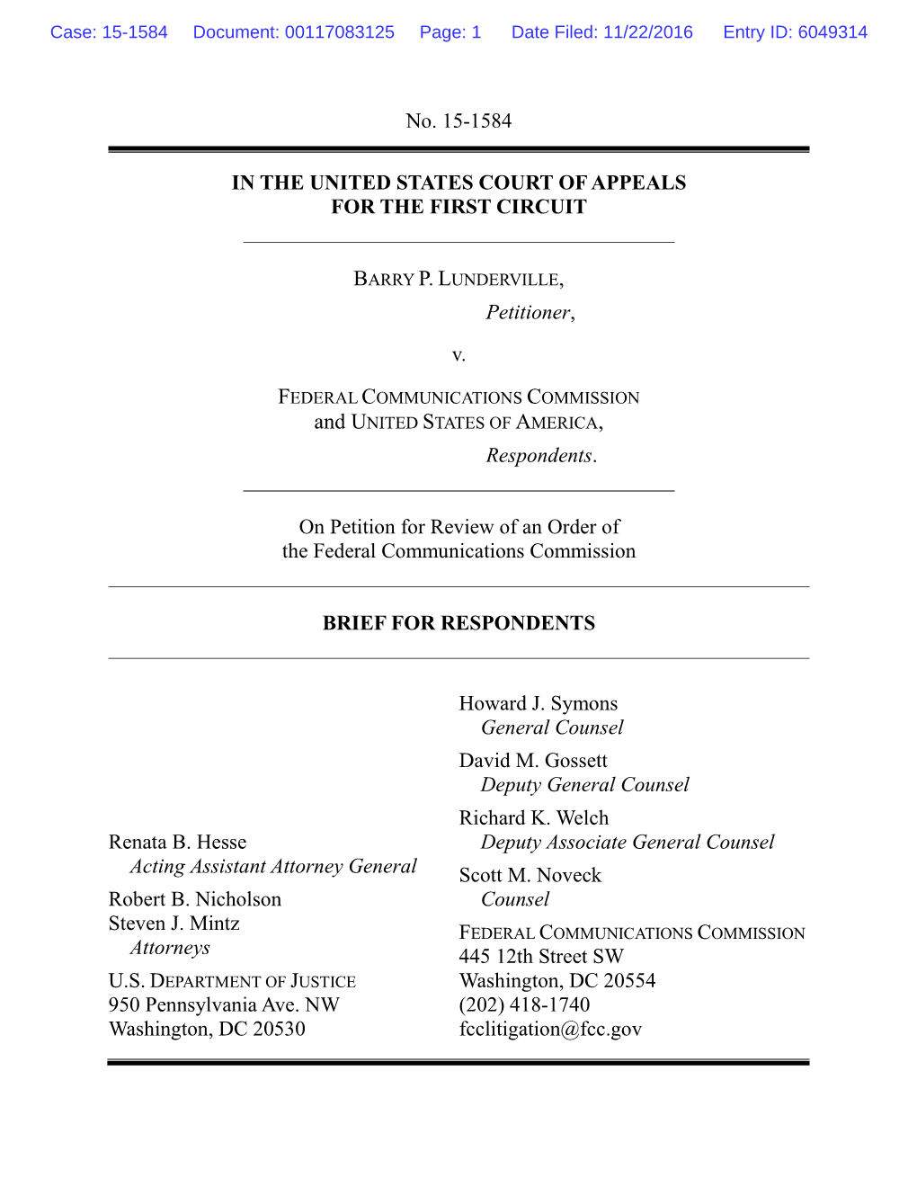 Brief for Respondents, Lunderville V. FCC & USA, No. 15-1584
