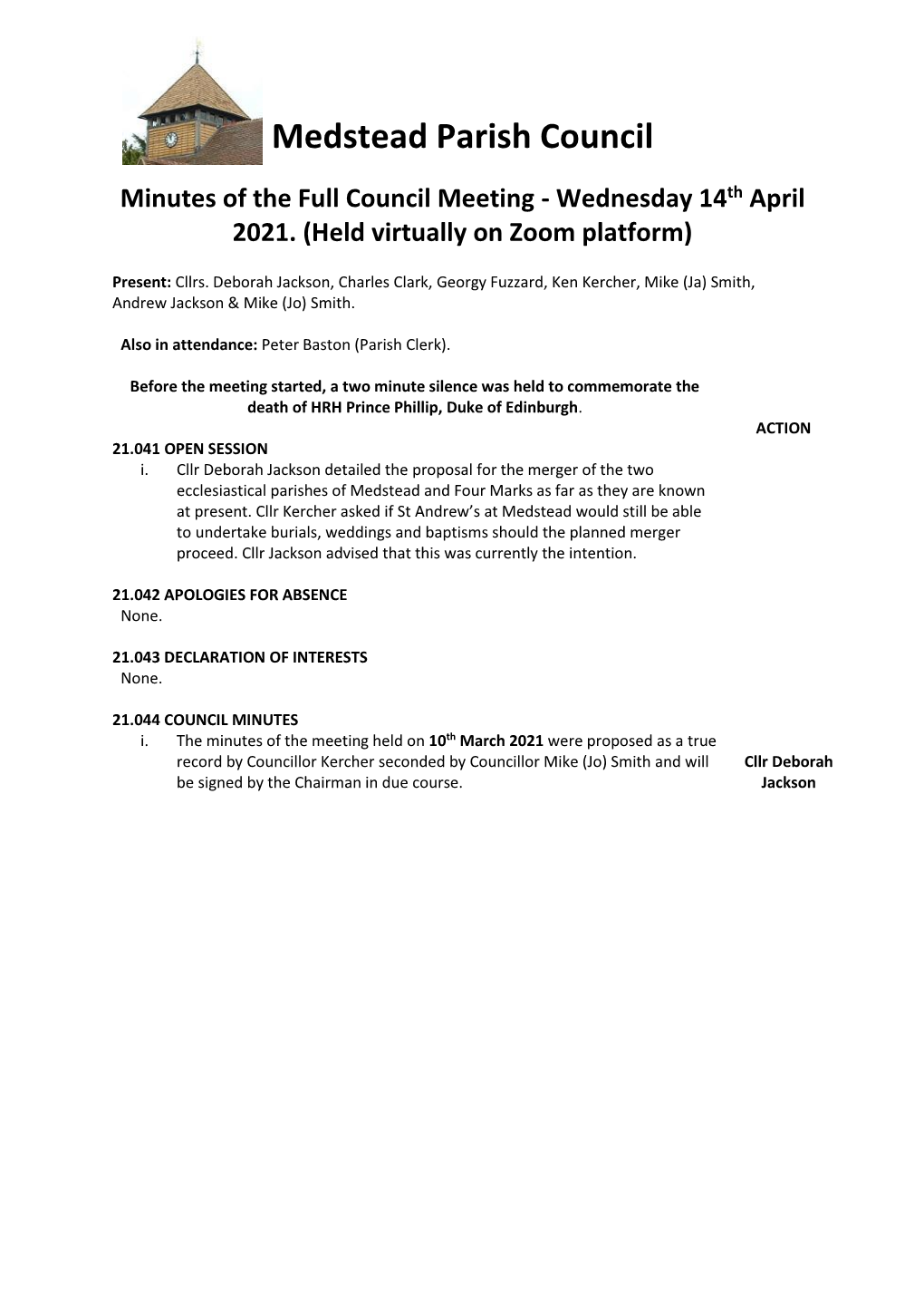 Minutes of the Full Council Meeting - Wednesday 14Th April 2021