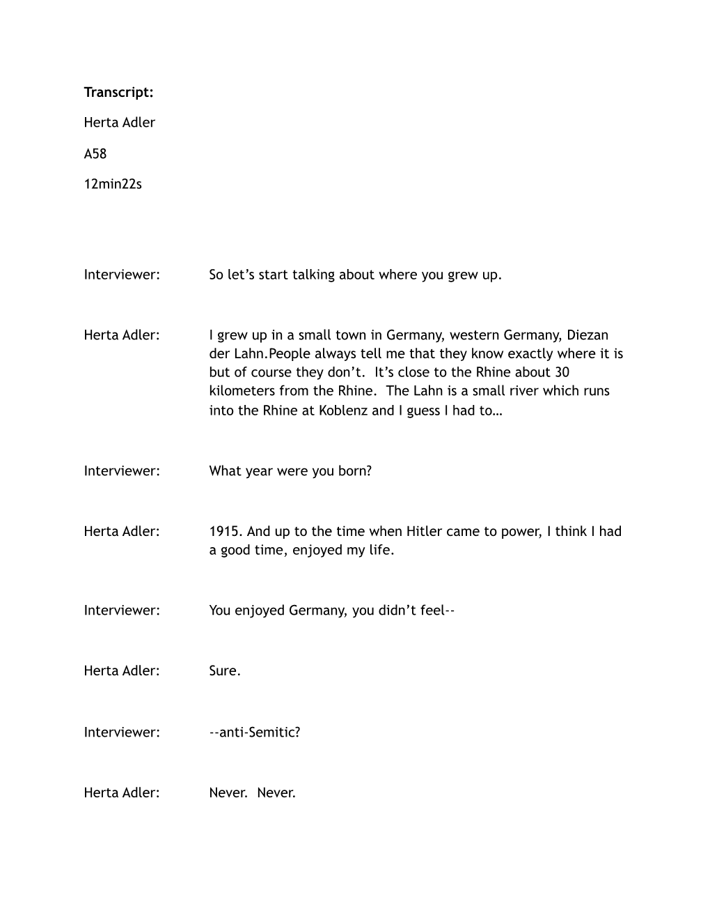 Herta Adler Transcript