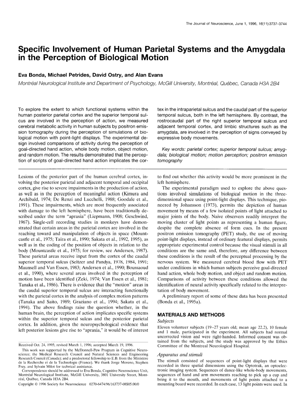 Specific Involvement of Human Parietal Systems and the Amygdala in the Perception of Biological Motion