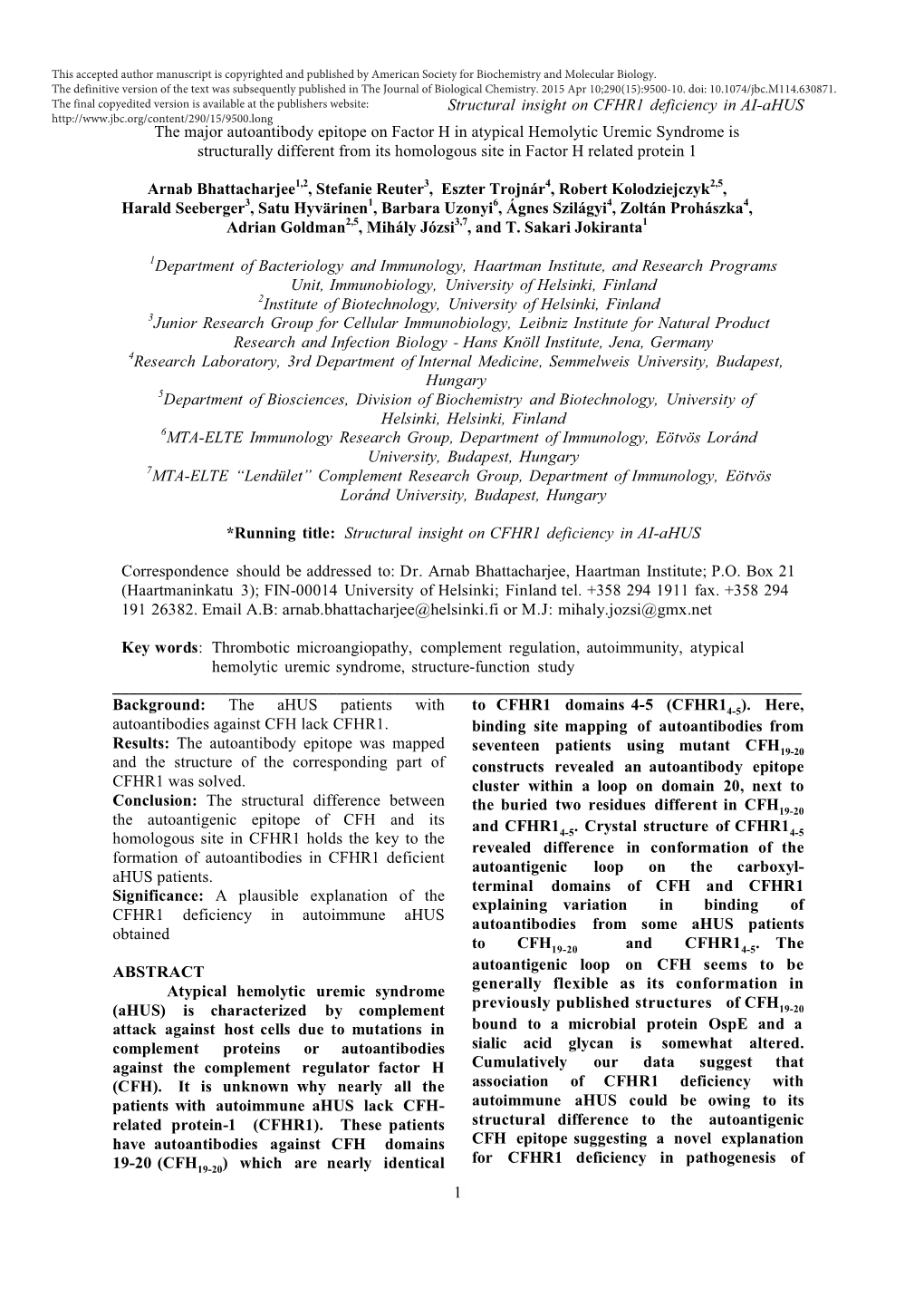 Structural Insight on CFHR1 Deficiency in AI-Ahus the Major Autoantibody Epitope on Factor H in Atypical Hemolytic Uremic Syndro