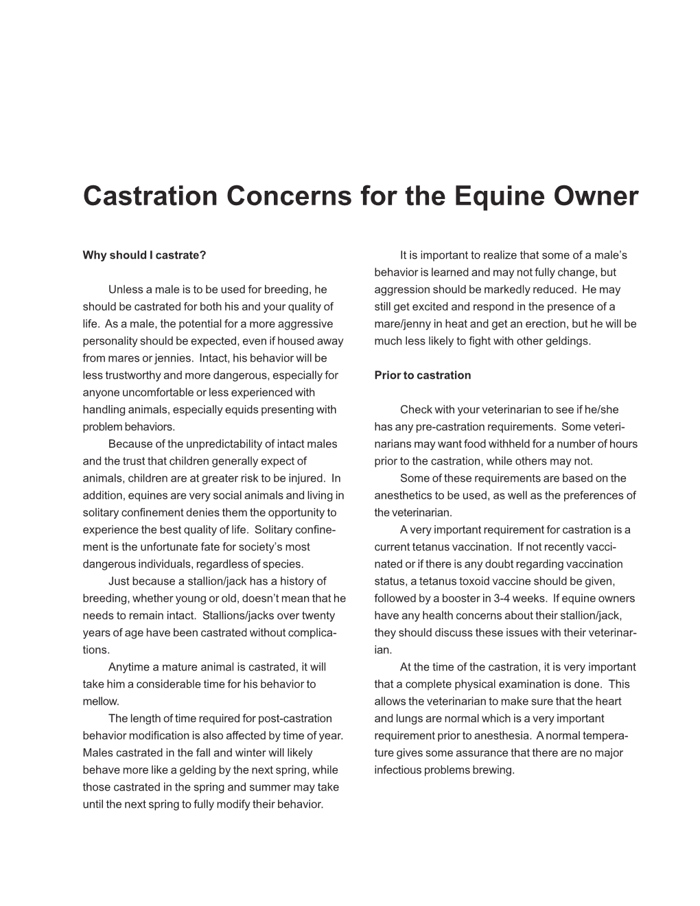 Castration Concerns for the Equine Owner