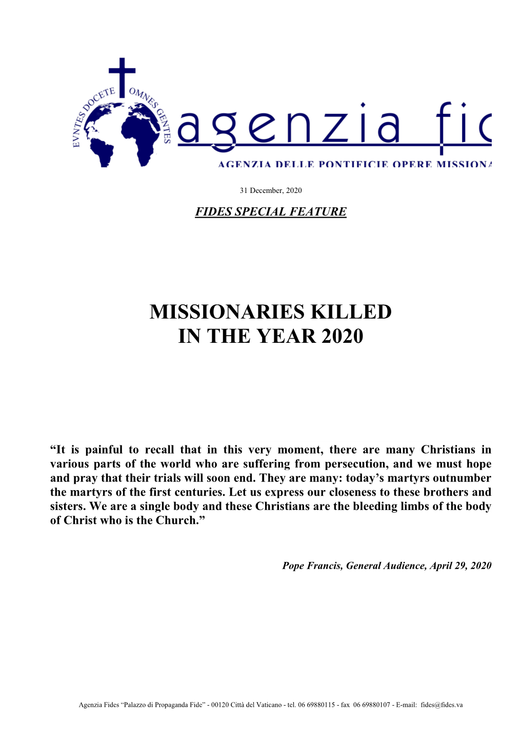 Missionaries Killed in the Year 2020