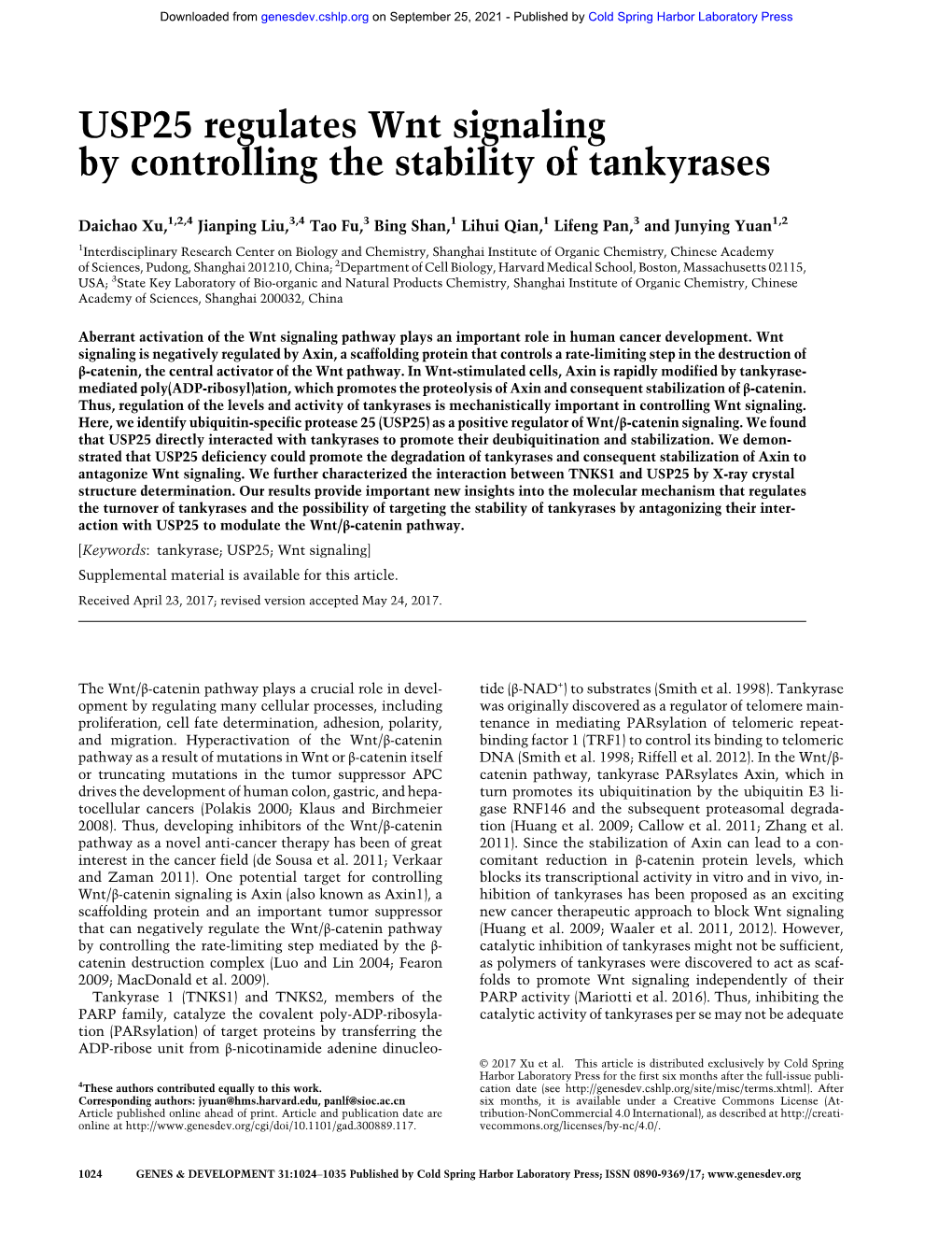 USP25 Regulates Wnt Signaling by Controlling the Stability of Tankyrases