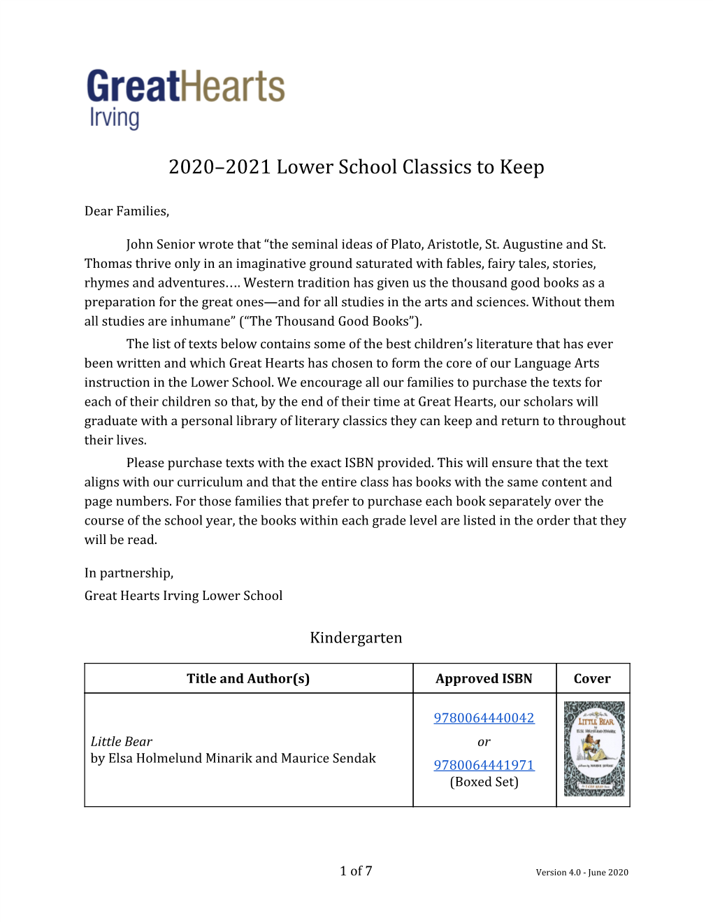 2020–2021 Lower School Classics to Keep