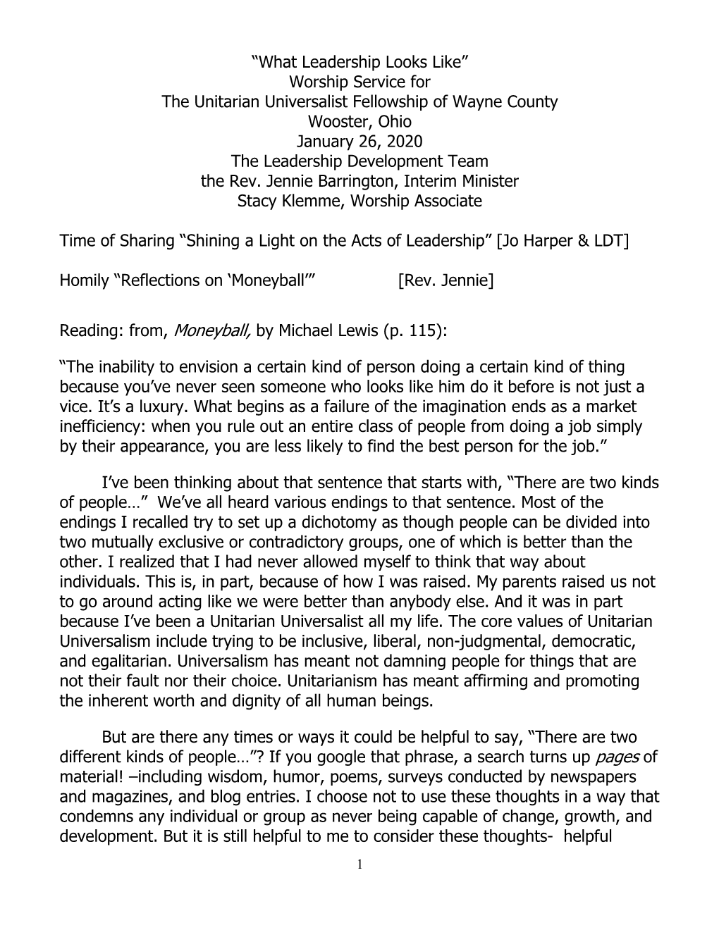 “What Leadership Looks Like” Worship Service for the Unitarian Universalist Fellowship of Wayne County Wooster, Ohio Januar