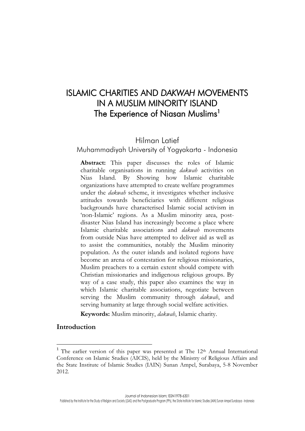 ISLAMIC CHARITIES and DAKWAH MOVEMENTS in a MUSLIM MINORITY ISLAND the Experience of Niasan Muslims1