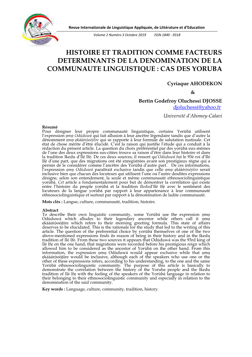 Histoire Et Tradition Comme Facteurs Determinants De La Denomination De La Communaute Linguistique : Cas Des Yoruba