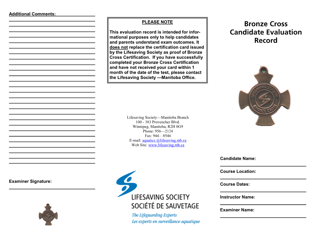 Bronze Cross Candidate Evaluation Record
