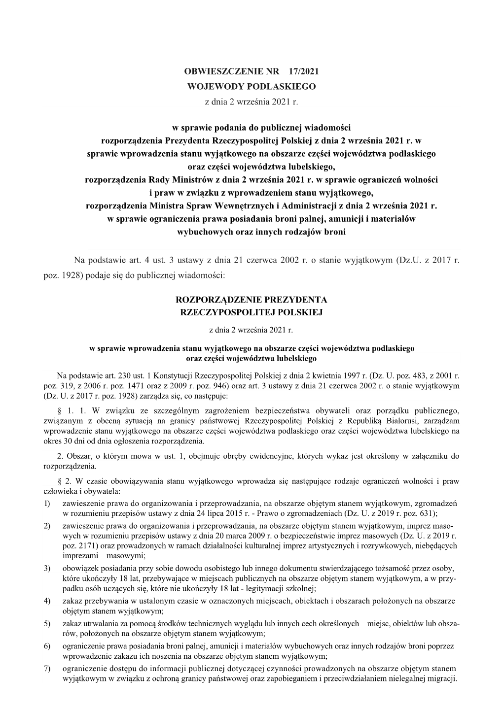 W Sprawie Podania Do Publicznej Wiadomości Rozporządzenia Prezydenta Rzeczypospolitej Polskiej Z Dnia 2 Września 2021 R