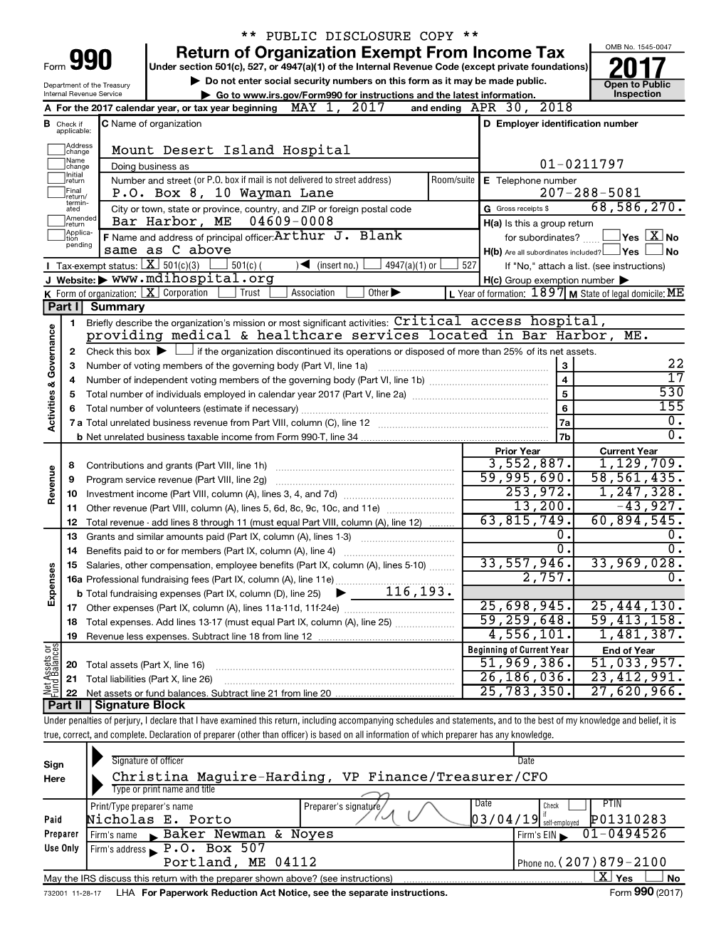 MDI Hospital 2017 Form 990 Report