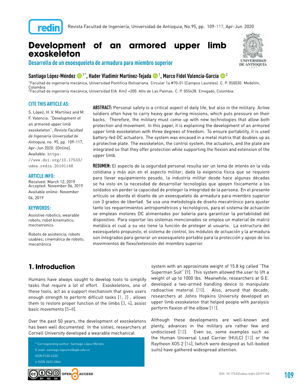 Development of an Armored Upper Limb Exoskeleton Desarrollo De Un Exoesqueleto De Armadura Para Miembro Superior