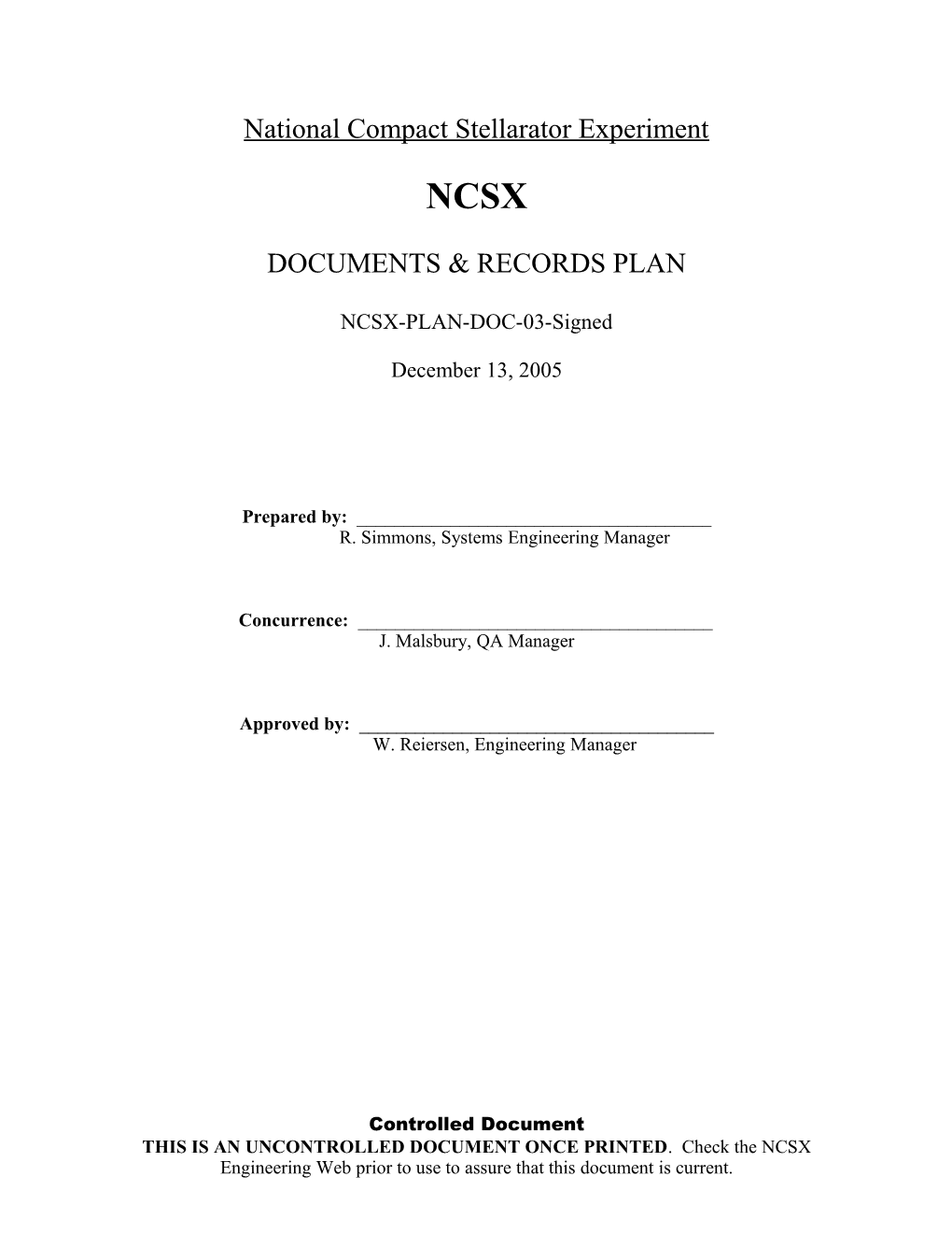 NSTX Documentation & Records Plan s1