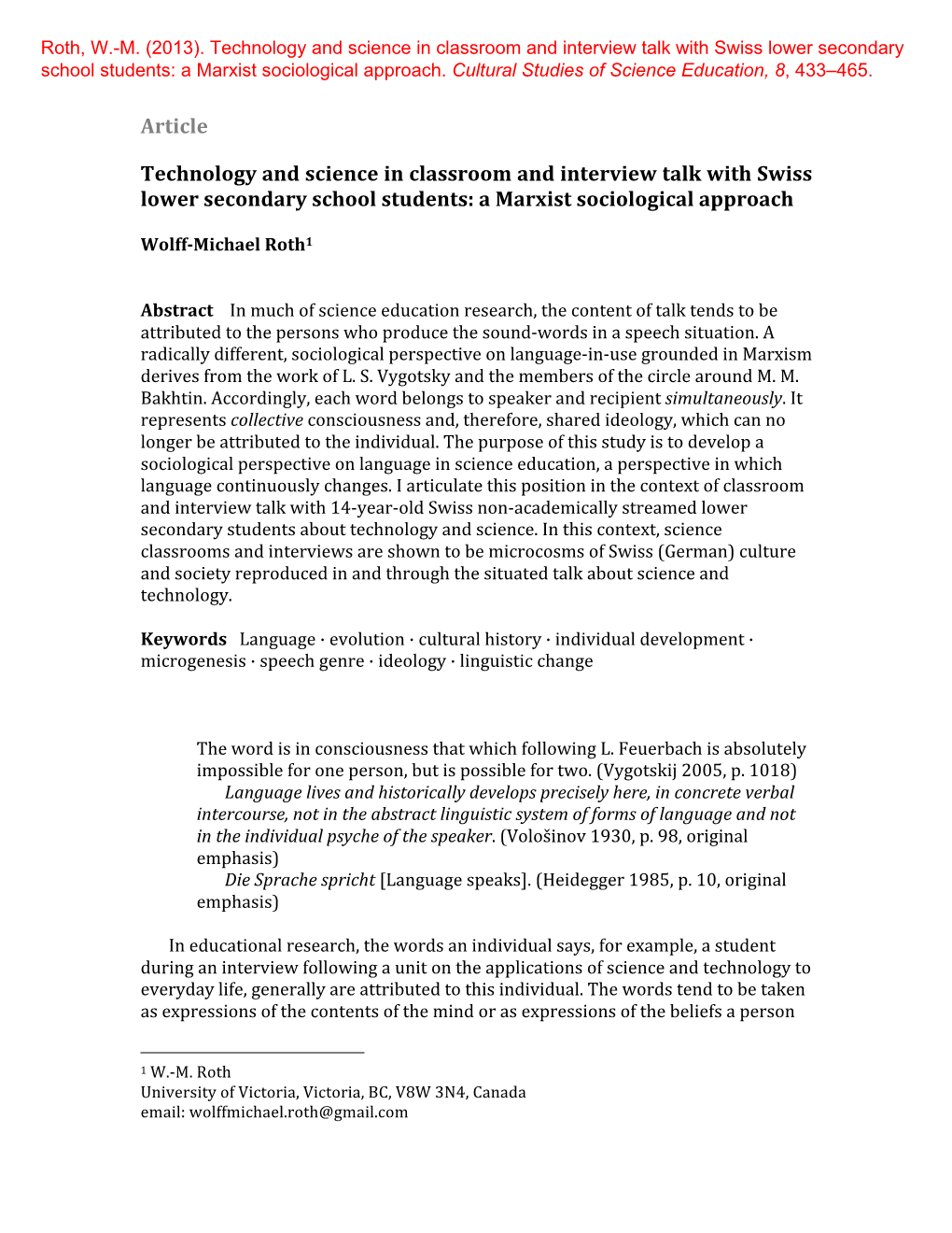 Technology and Science in Classroom and Interview Talk with Swiss Lower Secondary School Students: a Marxist Sociological Approach