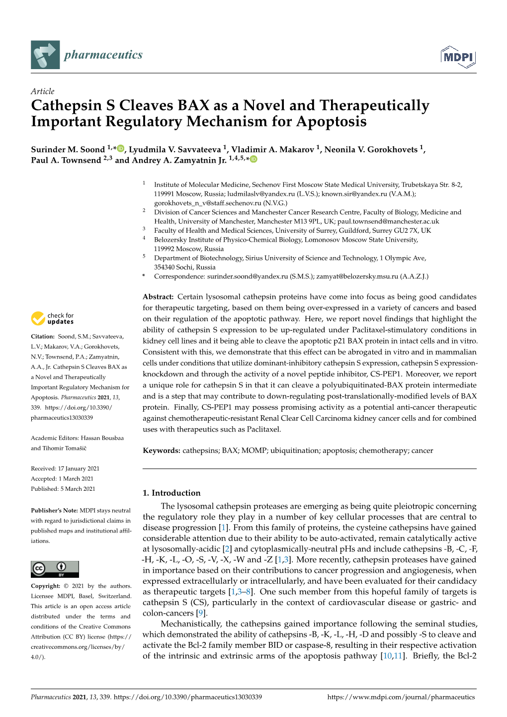 Cathepsin S Cleaves BAX As a Novel and Therapeutically Important Regulatory Mechanism for Apoptosis