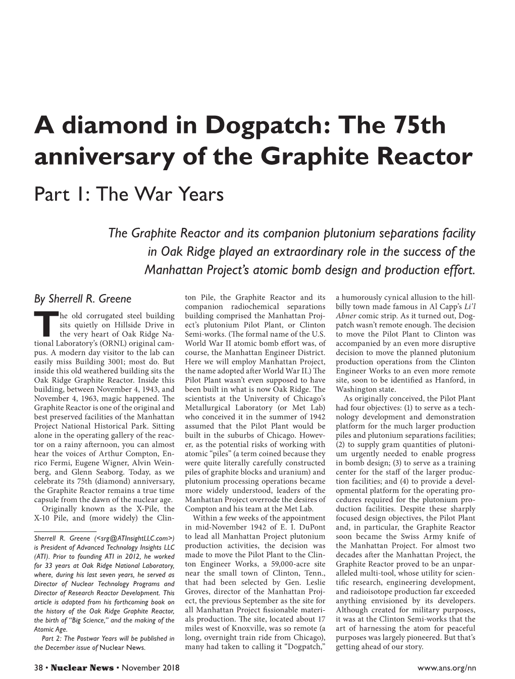 A Diamond in Dogpatch: the 75Th Anniversary of the Graphite Reactor Part 1: the War Years