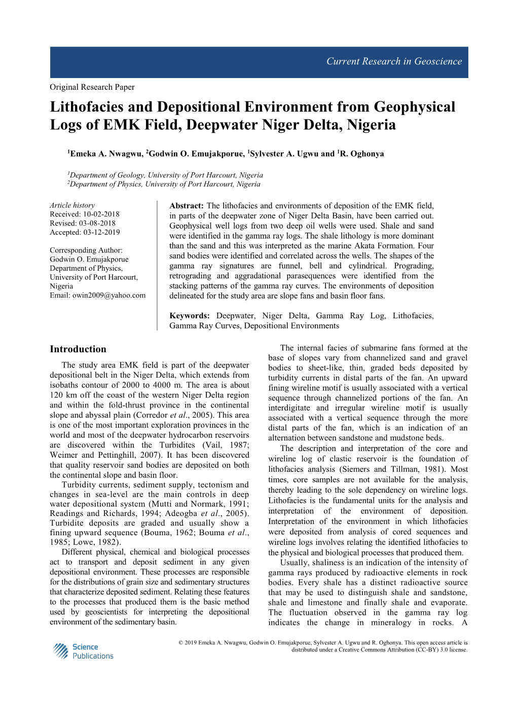 Lithofacies and Depositional Environment from Geophysical Logs of EMK Field, Deepwater Niger Delta, Nigeria