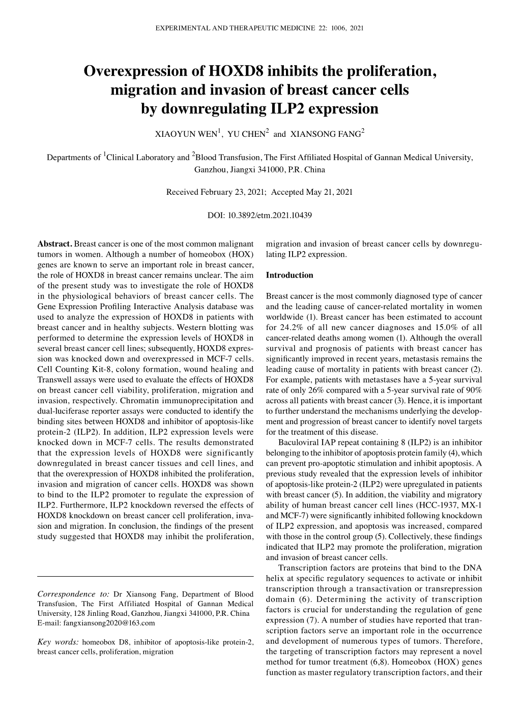 Overexpression of HOXD8 Inhibits the Proliferation, Migration and Invasion of Breast Cancer Cells by Downregulating ILP2 Expression