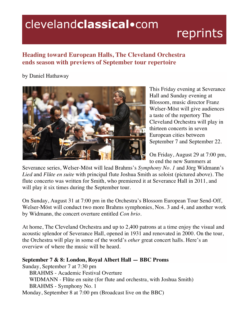 Heading Toward European Halls, the Cleveland Orchestra Ends Season with Previews of September Tour Repertoire by Daniel Hathaway