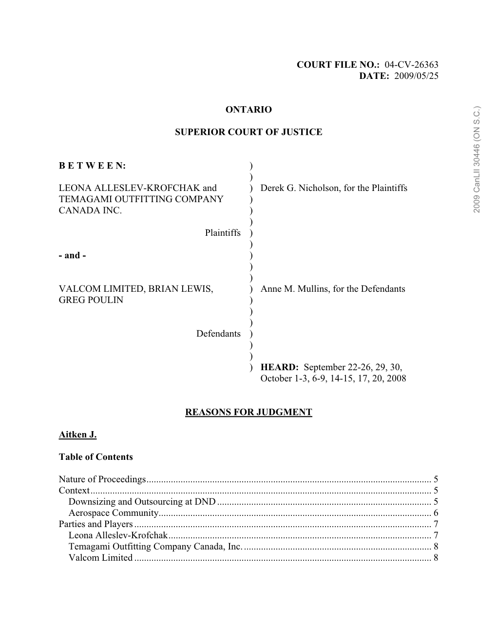 Leona Alleslev-Krofchak Et Al Vs. Valcom Limited at Al