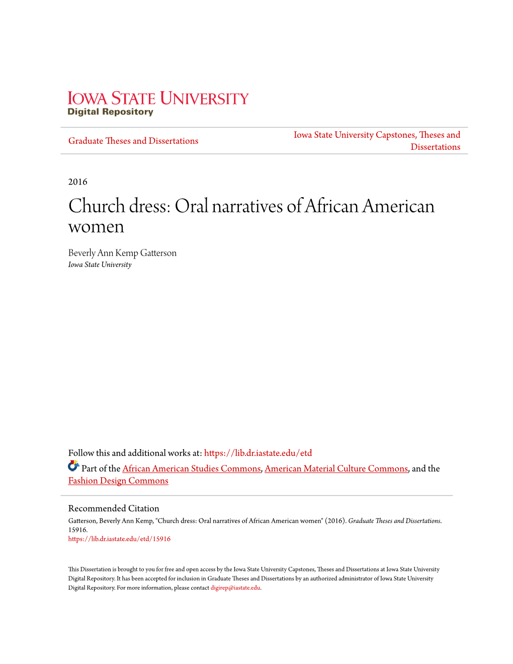 Church Dress: Oral Narratives of African American Women Beverly Ann Kemp Gatterson Iowa State University