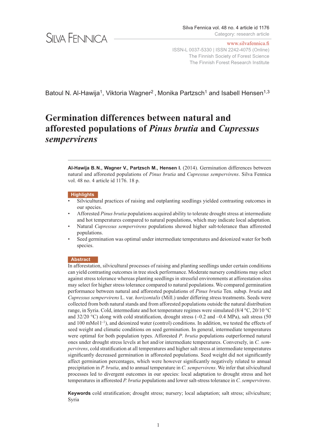 Germination Differences Between Natural and Afforested Populations of Pinus Brutia and Cupressus Sempervirens