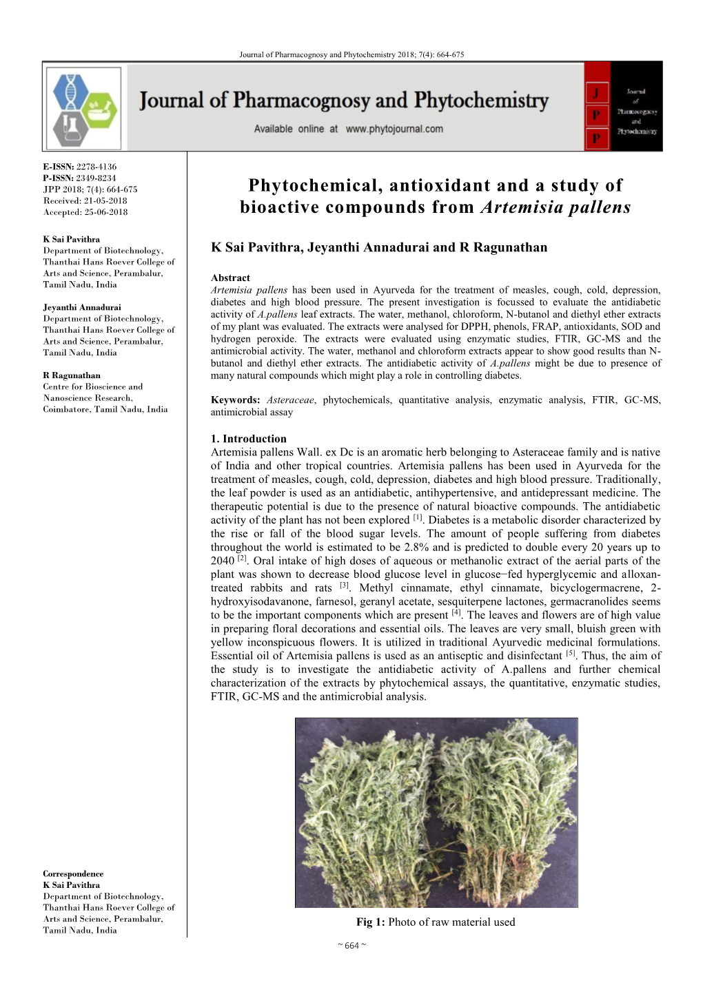 Phytochemical, Antioxidant and a Study of Bioactive Compounds From