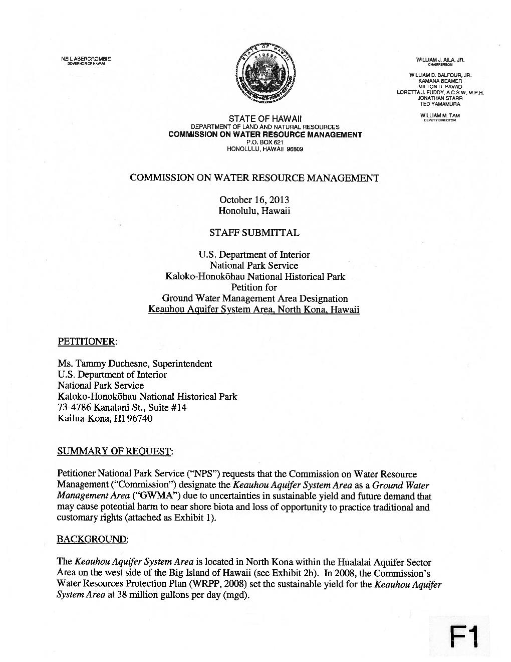 COMMISSION on WATER RESOURCE MANAGEMENT October 16, 2013 Honolulu, Hawaii STAFF SUBMITFAL U.S. Department of Interior National P