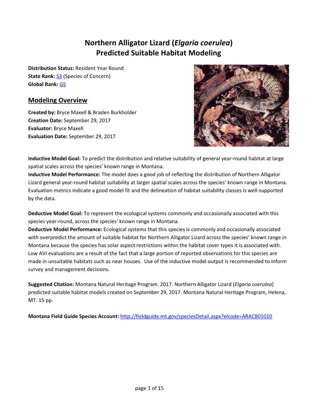 Northern Alligator Lizard (Elgaria Coerulea) Predicted Suitable Habitat Modeling