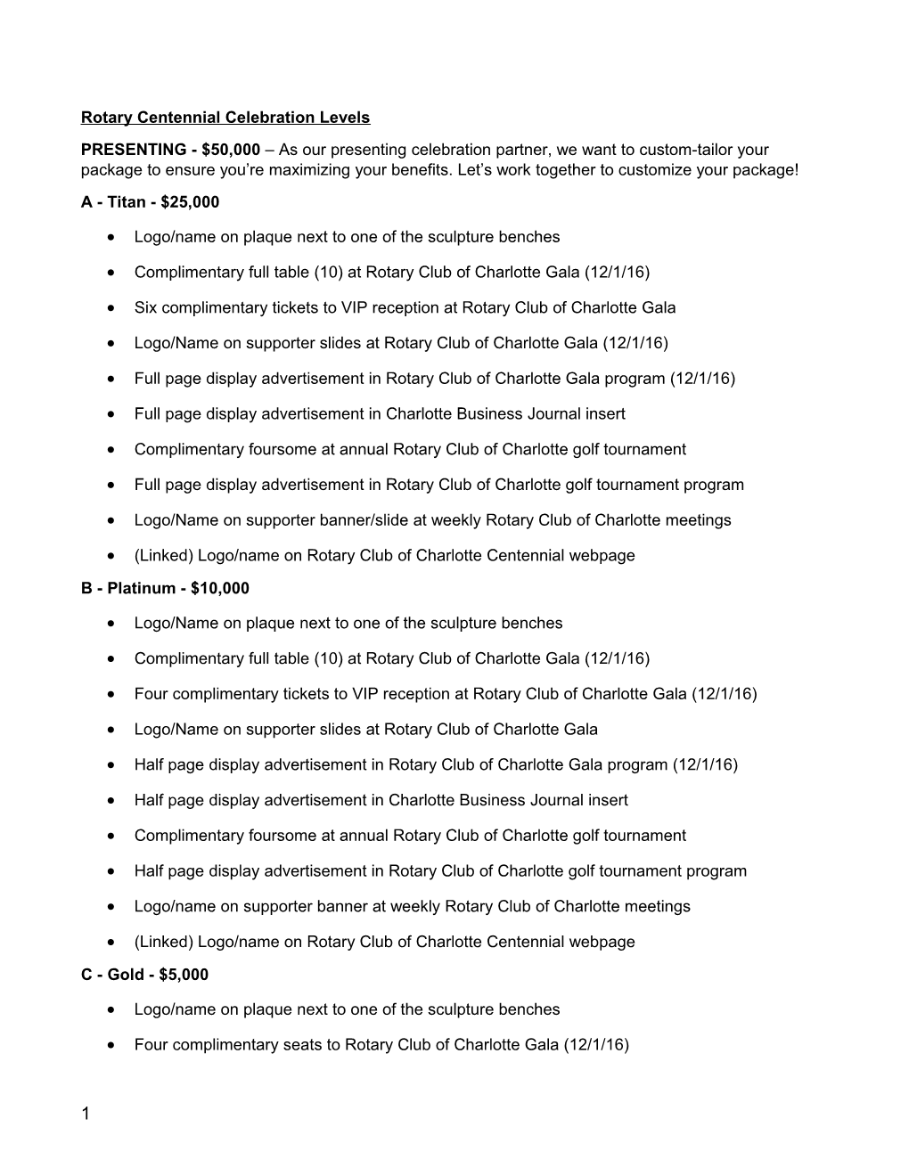 Rotary Centennial Celebration Levels