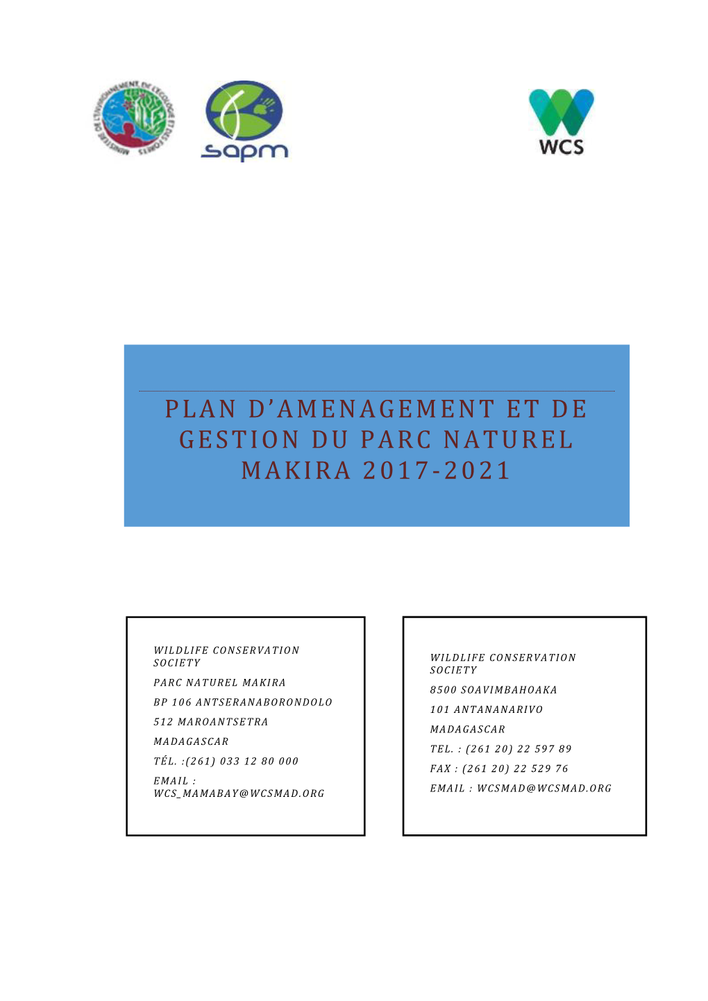 Plan D'aménagement Et De Gestion Du Parc Naturel Makira 2017-2021
