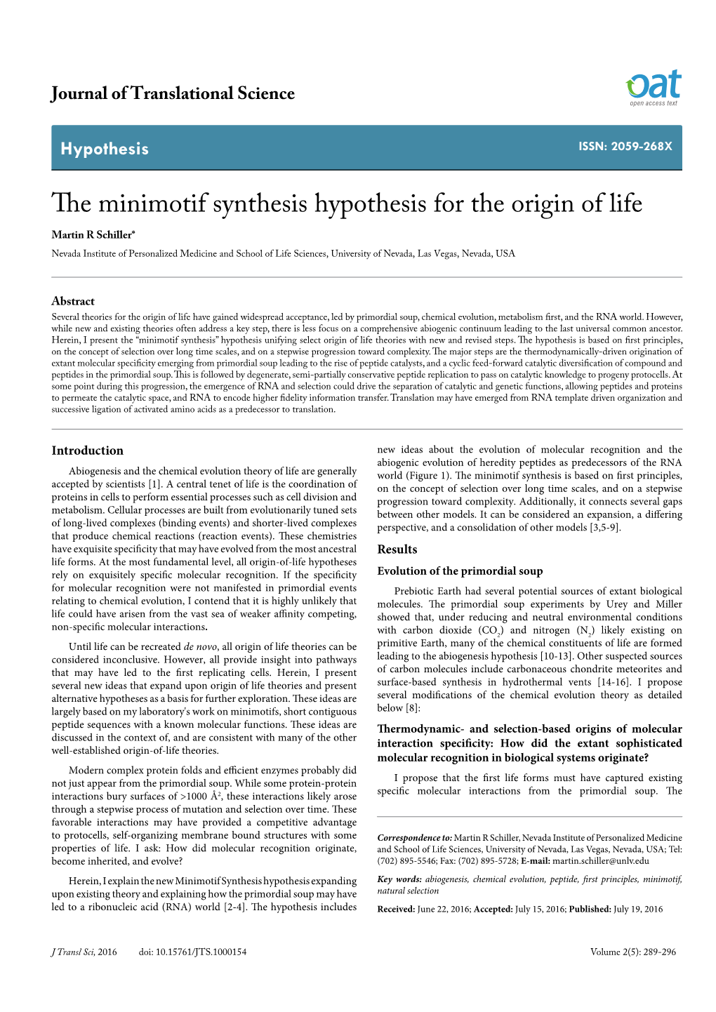 The Minimotif Synthesis Hypothesis for the Origin of Life