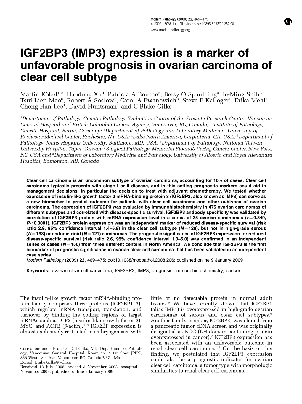 Expression Is a Marker of Unfavorable Prognosis in Ovarian Carcinoma of Clear Cell Subtype