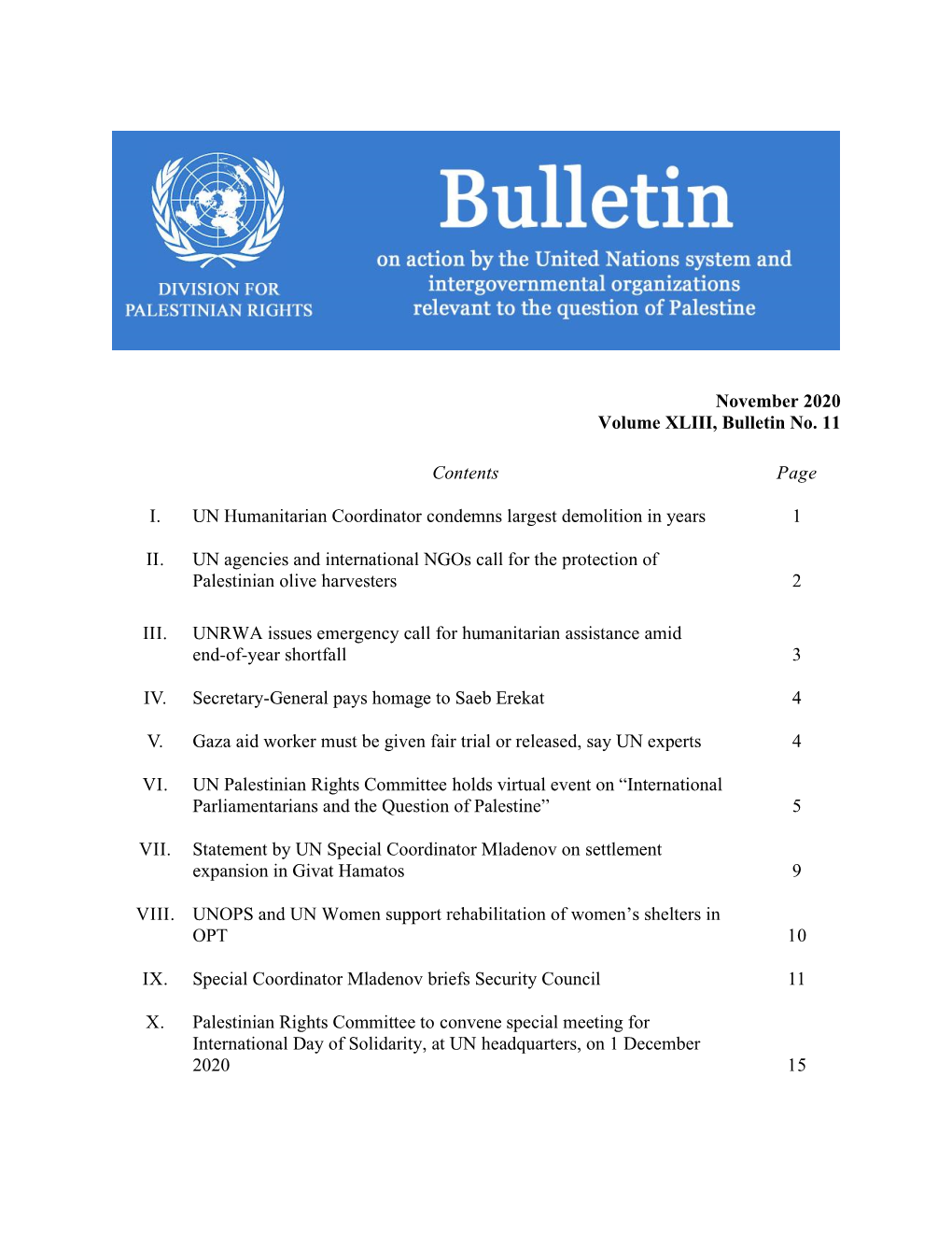 November 2020 Volume XLIII, Bulletin No. 11 Contents Page I. UN