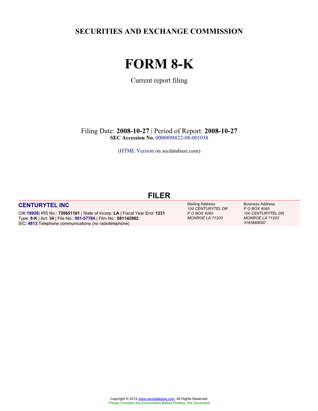 CENTURYTEL INC (Form: 8-K, Filing Date: 10/27